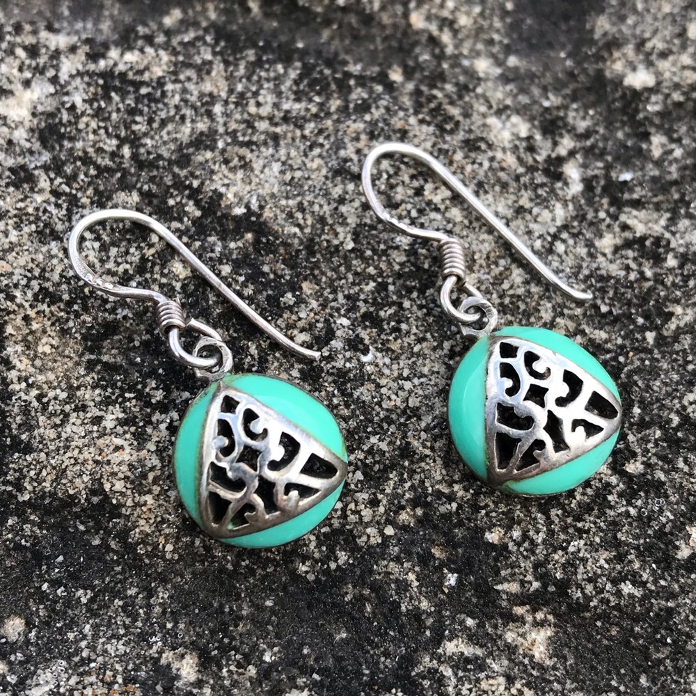Sterling Silver Filigree Pierced Earrings Turquoise Color Stone